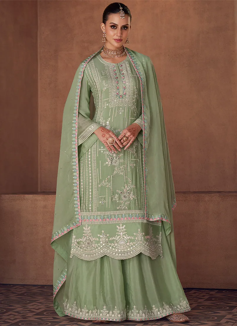 Mint Green Designer Embroidery Festive Palazzo Style Suit