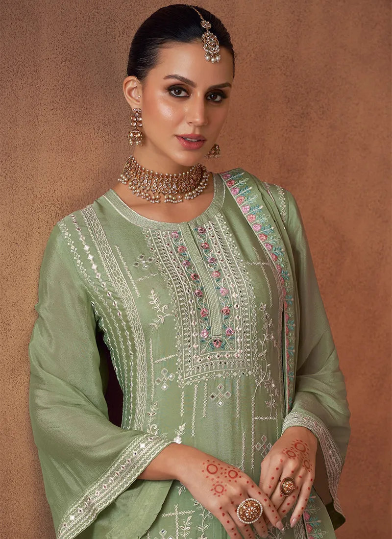 Mint Green Designer Embroidery Festive Palazzo Style Suit