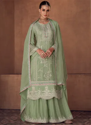 Mint Green Designer Embroidery Festive Palazzo Style Suit