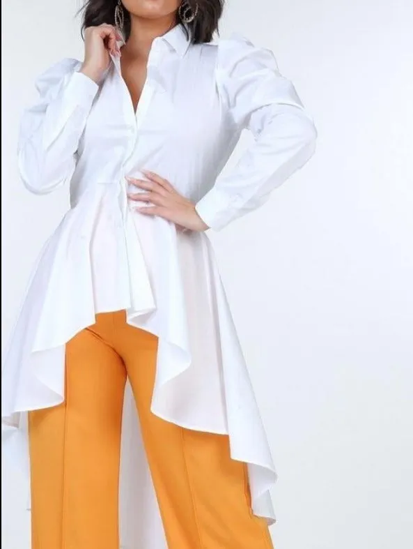 Mutton Sleeve Chambray High Low Shirt Top