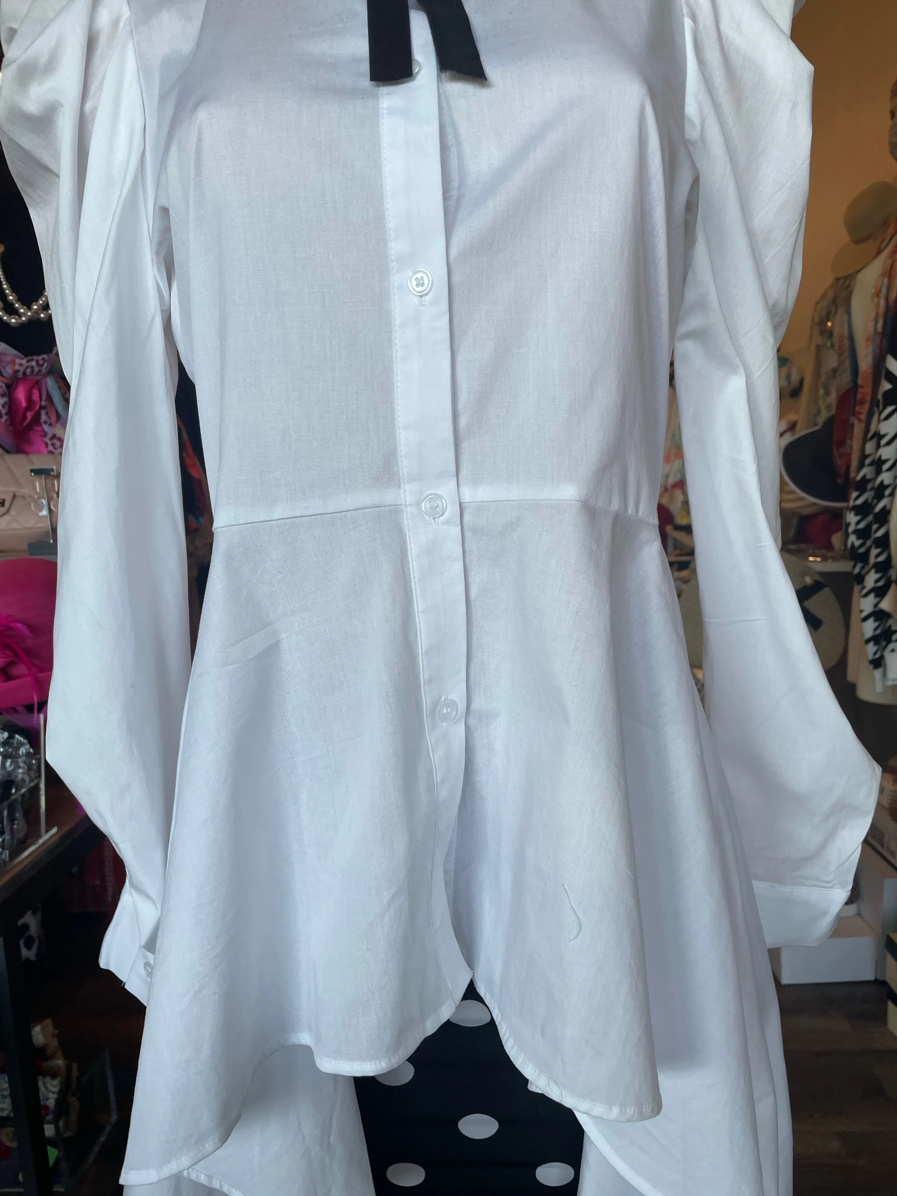 Mutton Sleeve Chambray High Low Shirt Top