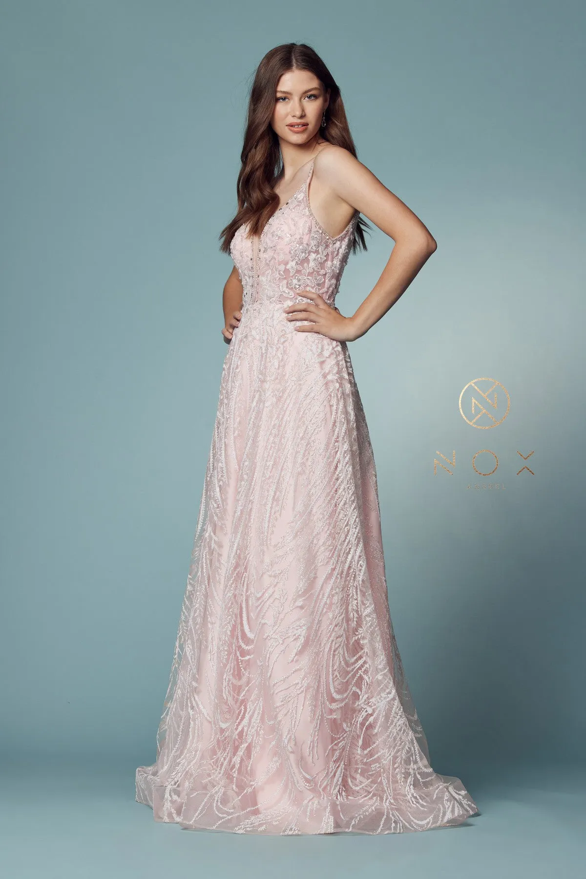 N T1009 - Illusion Deep V-Neck Prom Gown with Glitter Embellished Lace & Low Open Back