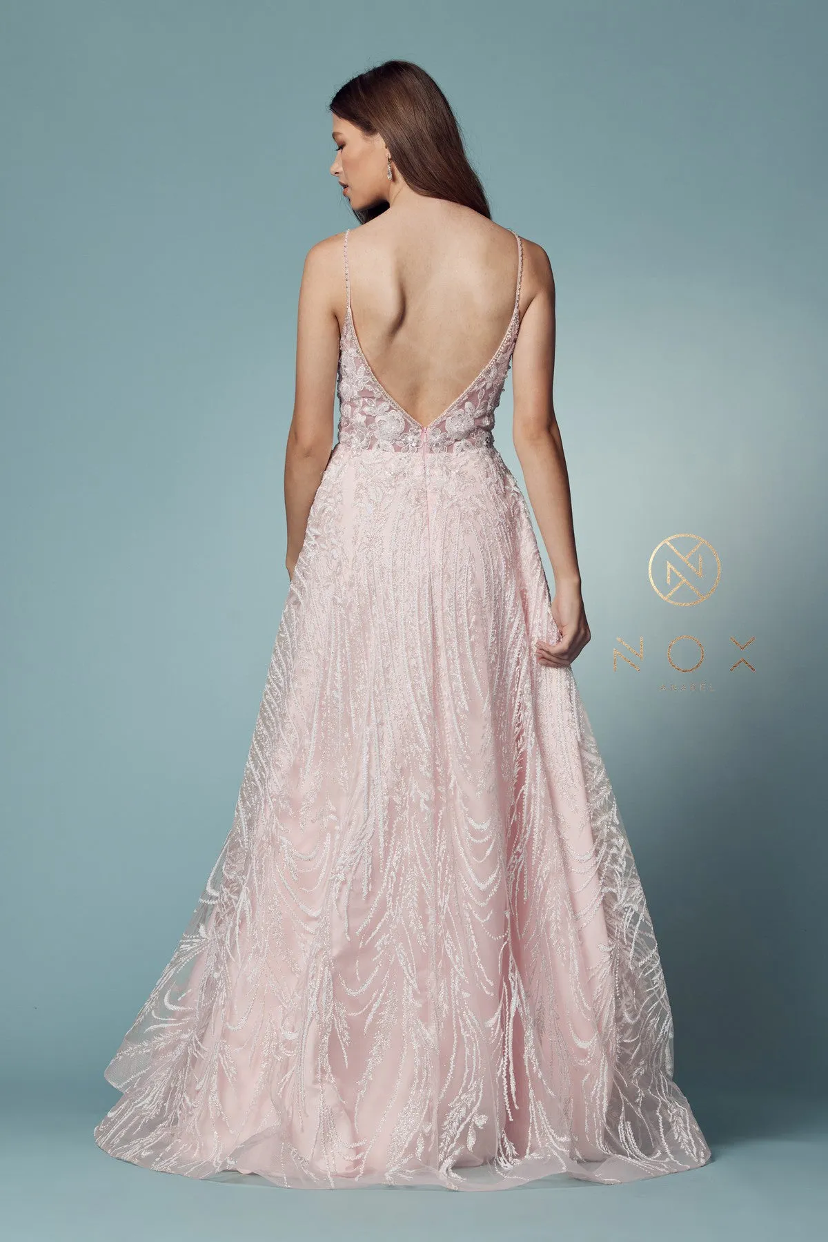 N T1009 - Illusion Deep V-Neck Prom Gown with Glitter Embellished Lace & Low Open Back