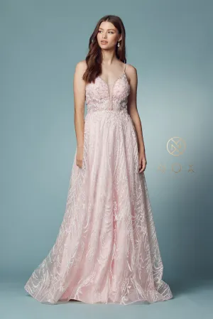 N T1009 - Illusion Deep V-Neck Prom Gown with Glitter Embellished Lace & Low Open Back