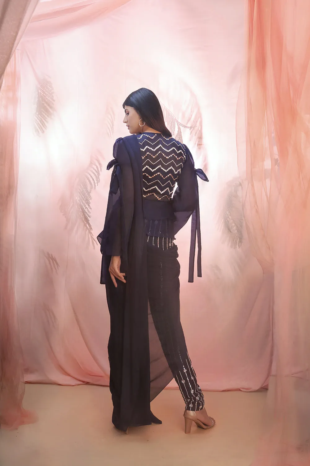 Navy Blue Short Jacket Saree Set