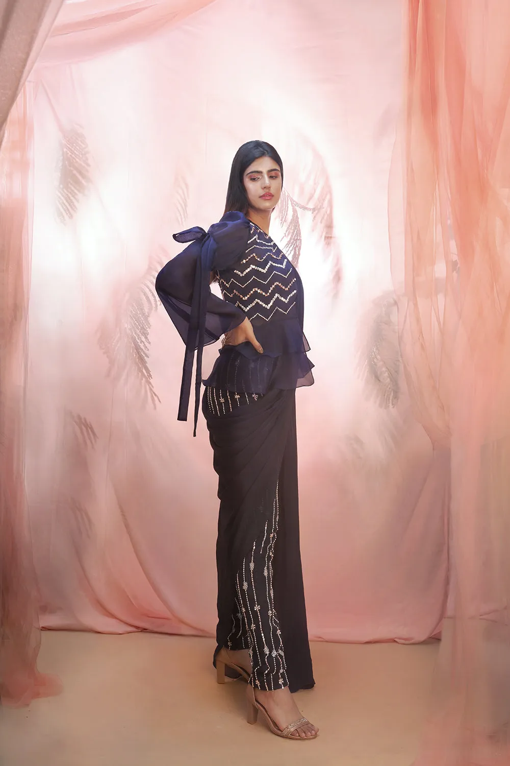 Navy Blue Short Jacket Saree Set