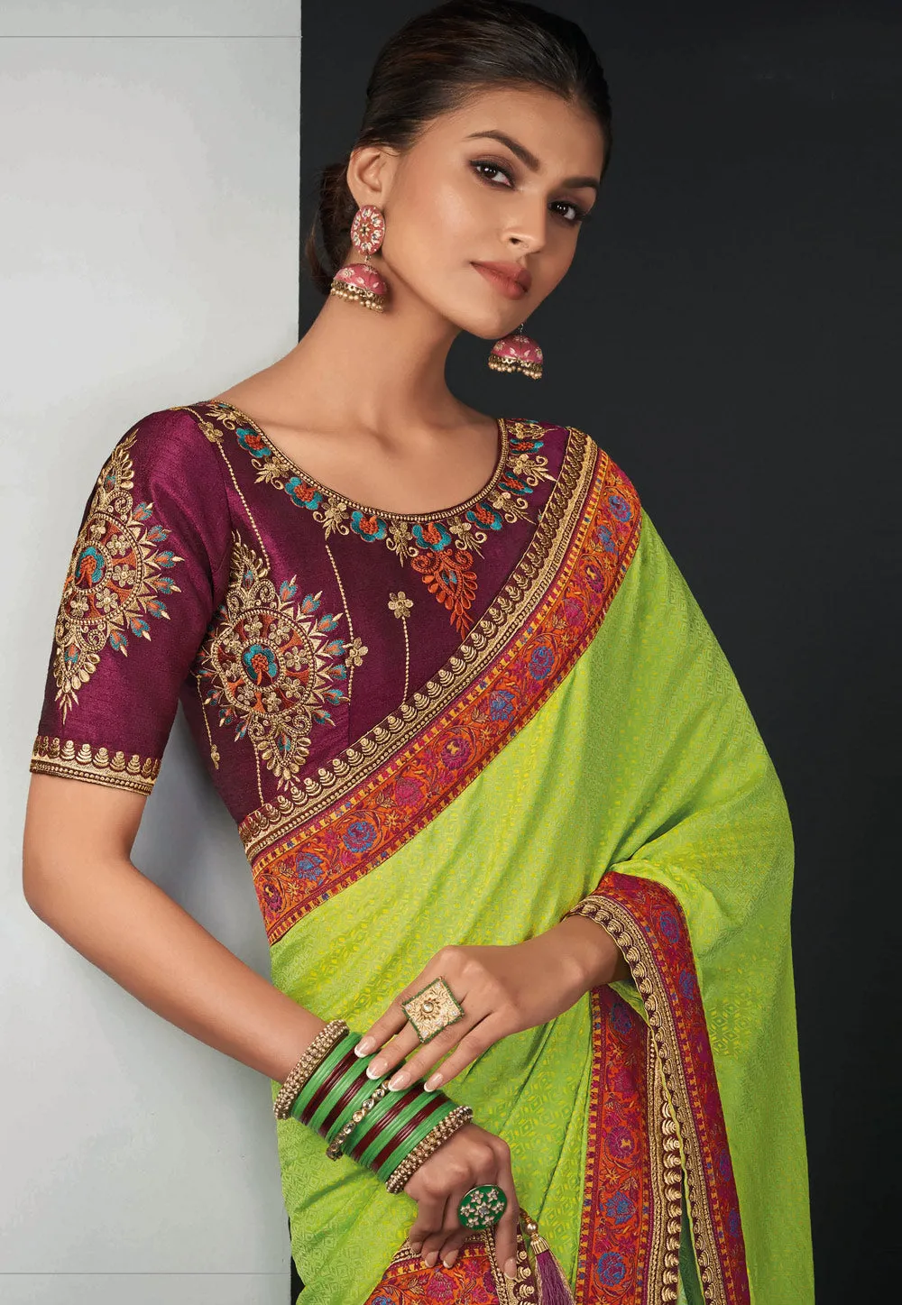 Neon Green Traditional Embroidered Silk Saree