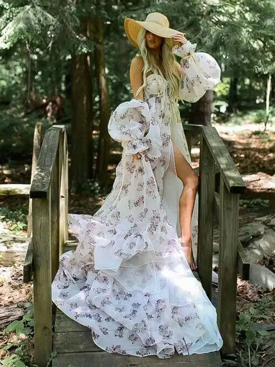 New Floral Printed Silk Organza Maternity Photoshoot Dress YW240058