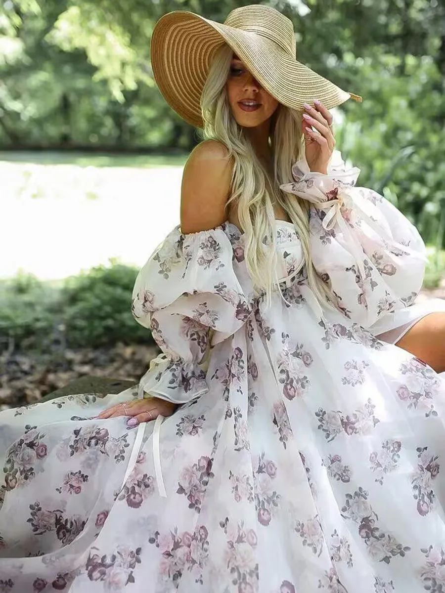 New Floral Printed Silk Organza Maternity Photoshoot Dress YW240058