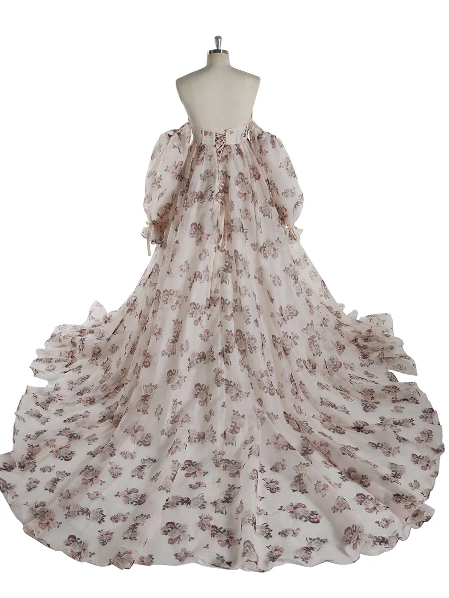 New Floral Printed Silk Organza Maternity Photoshoot Dress YW240058