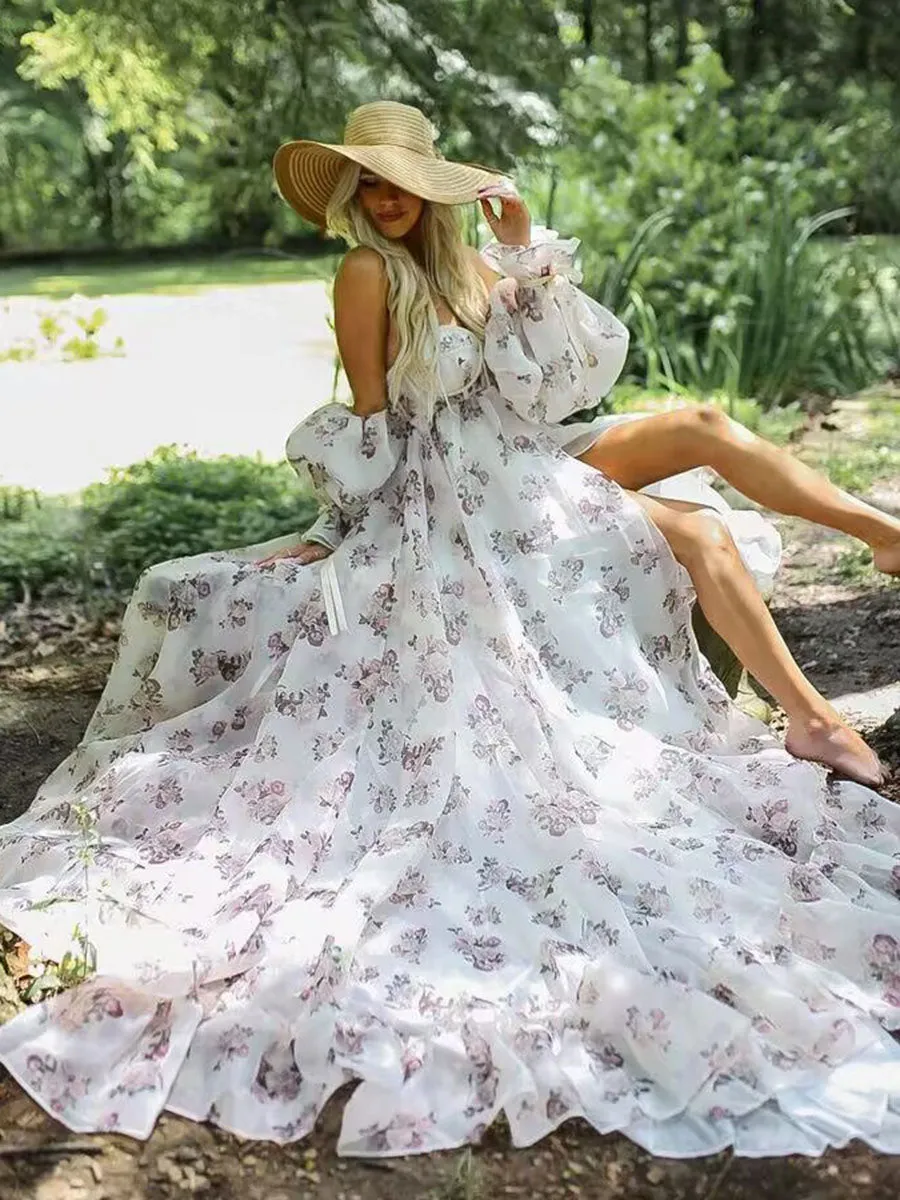 New Floral Printed Silk Organza Maternity Photoshoot Dress YW240058