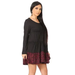 New Moa Burgundy and Black Color Block Animal Print Mini Dress NWMD822-BURG