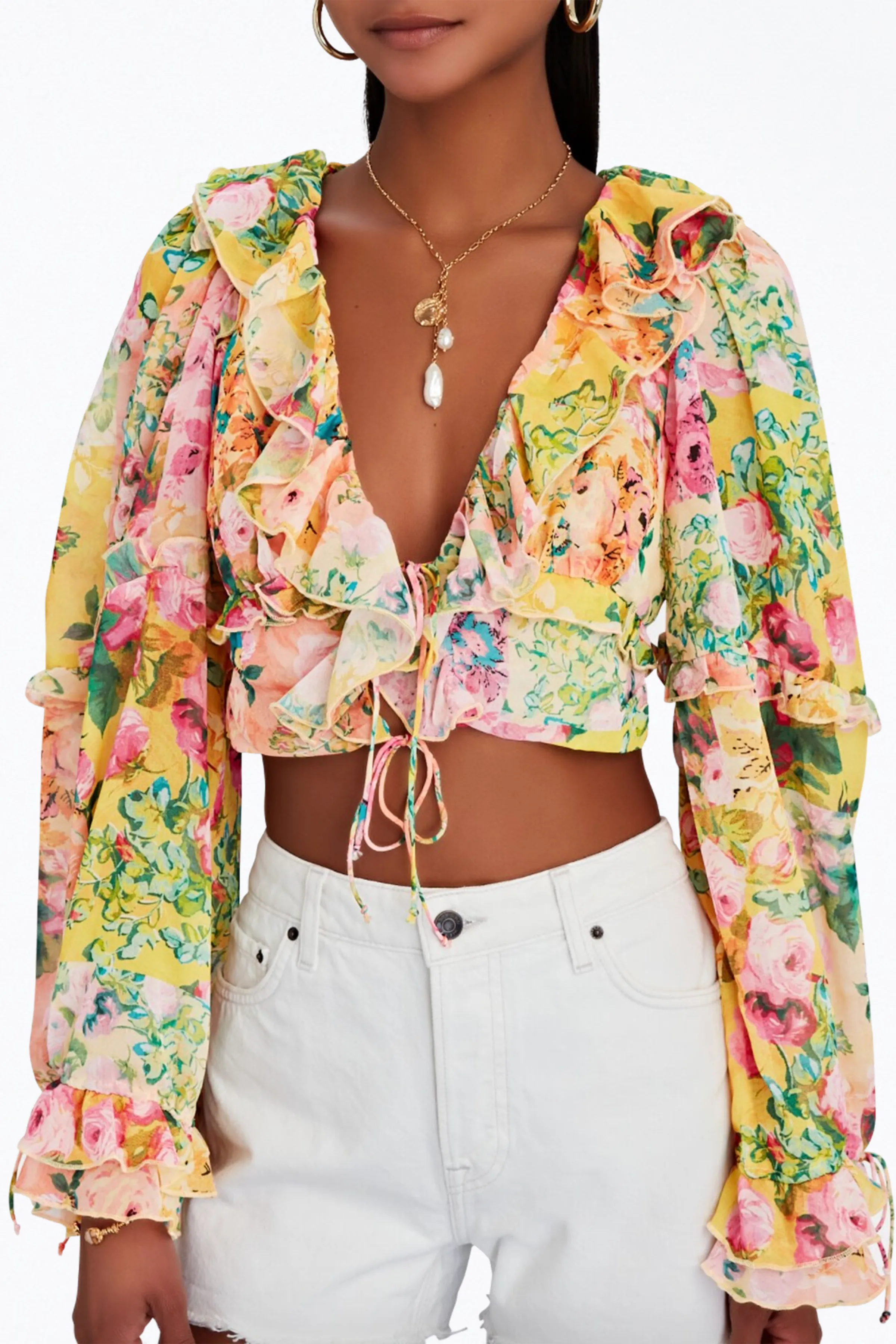 NINA FLORAL-PRINT CROPPED CHIFFON TOP