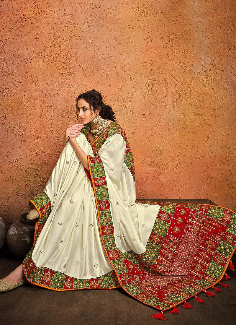 Off White Multi Embroidered Designer Saree