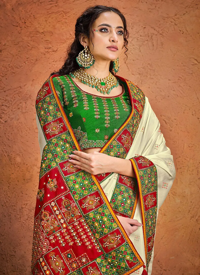 Off White Multi Embroidered Designer Saree