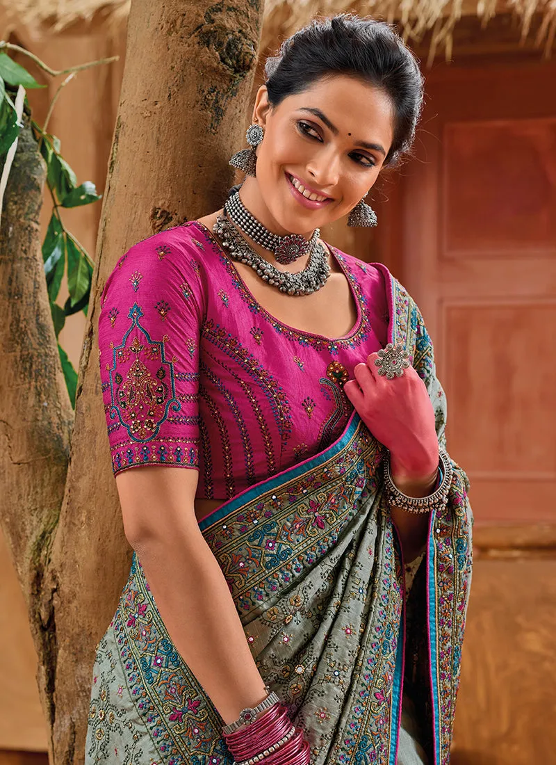 Olive Green And Pink Multi Embroidery Traditional Silk Saree