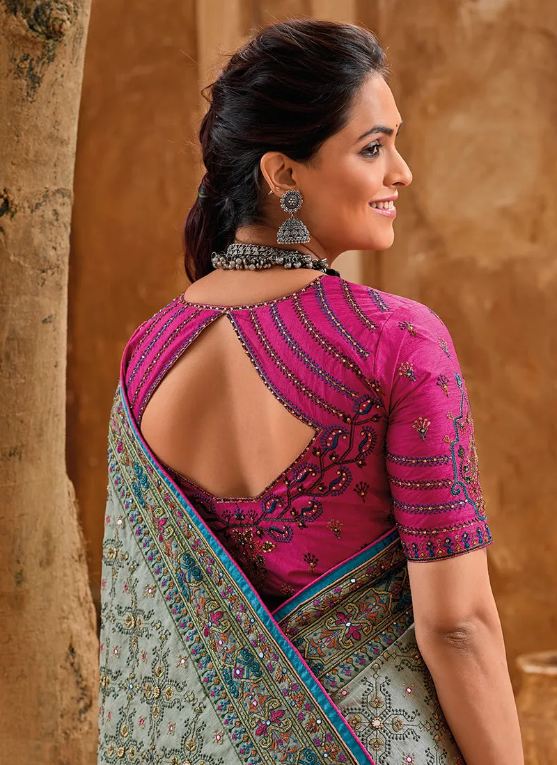 Olive Green And Pink Multi Embroidery Traditional Silk Saree