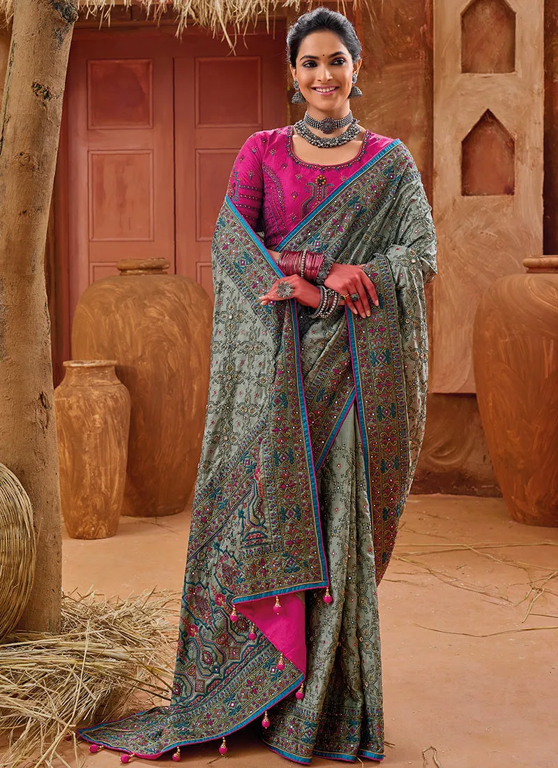 Olive Green And Pink Multi Embroidery Traditional Silk Saree