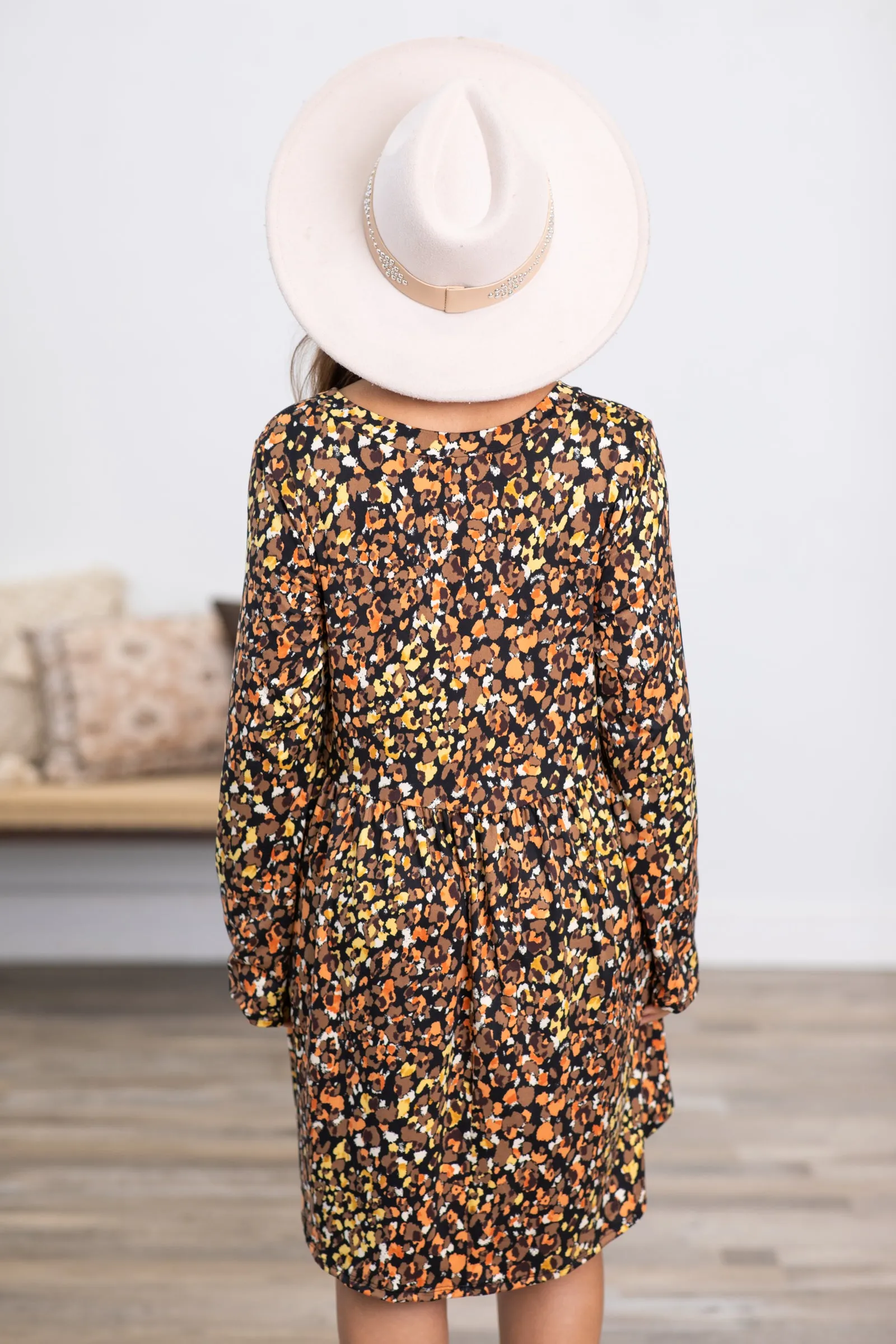 Orange Animal Print Long Sleeve Dress
