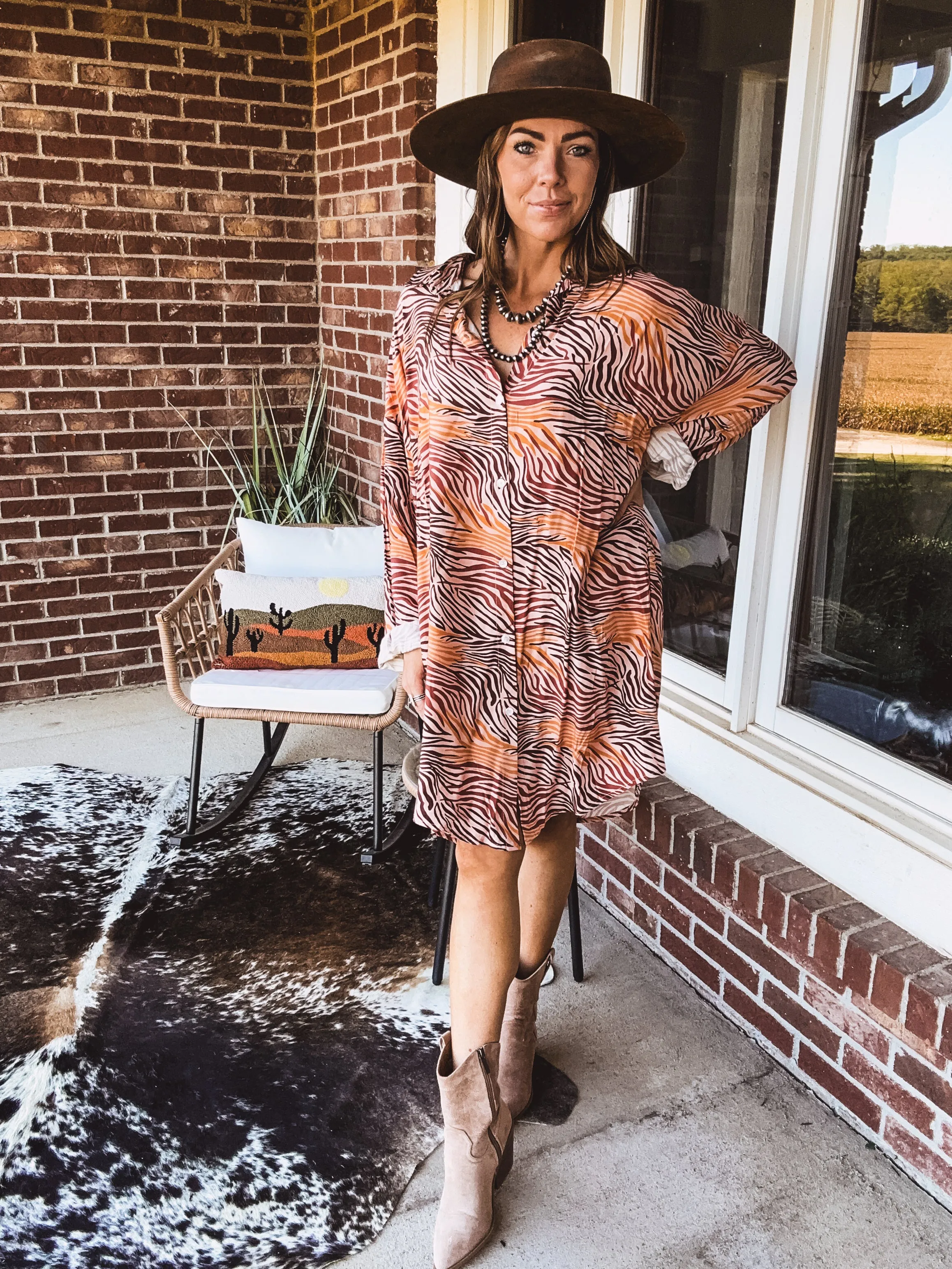 Orange Tan Animal Print Button Up Shirt Dress