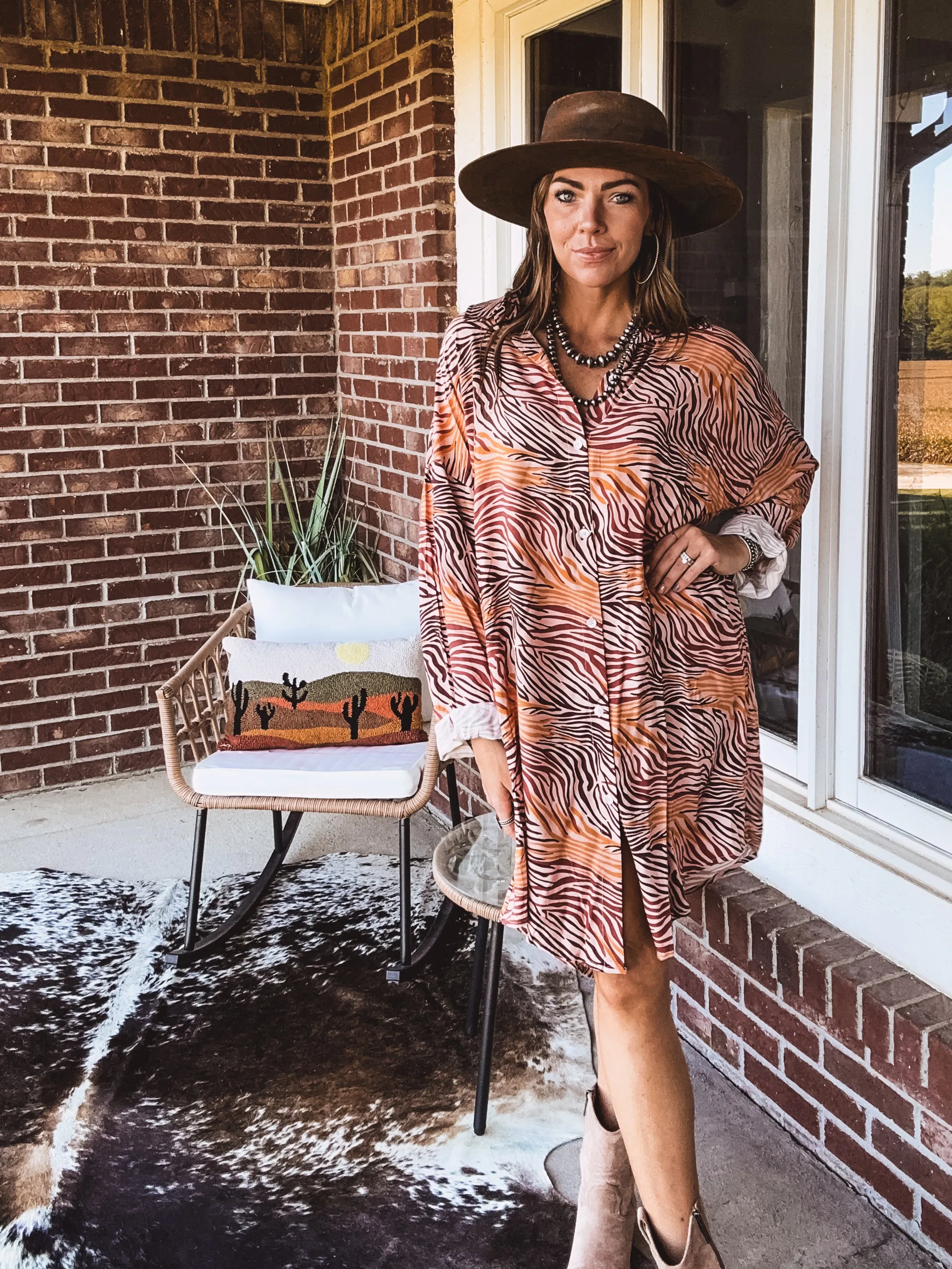 Orange Tan Animal Print Button Up Shirt Dress