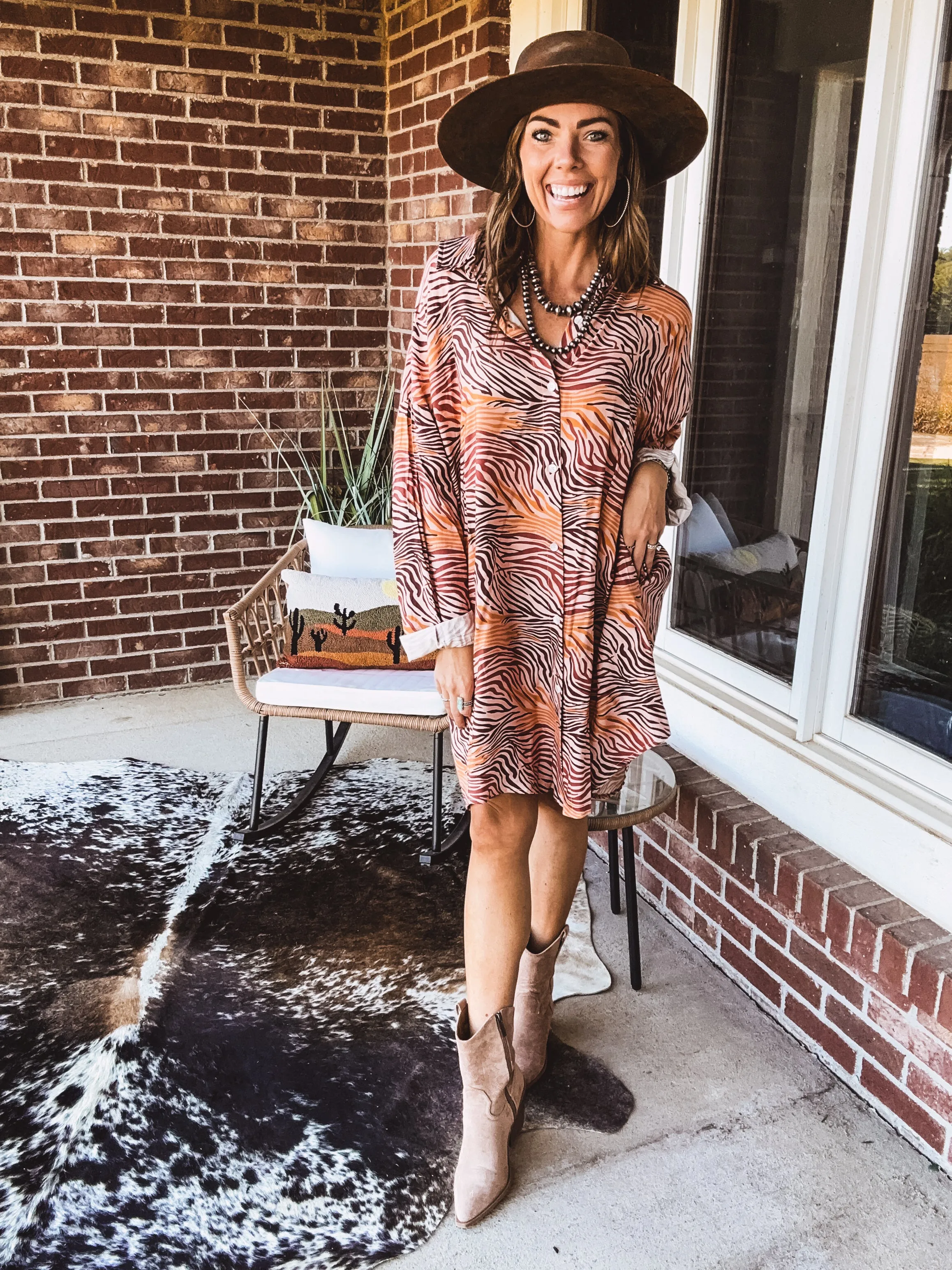 Orange Tan Animal Print Button Up Shirt Dress