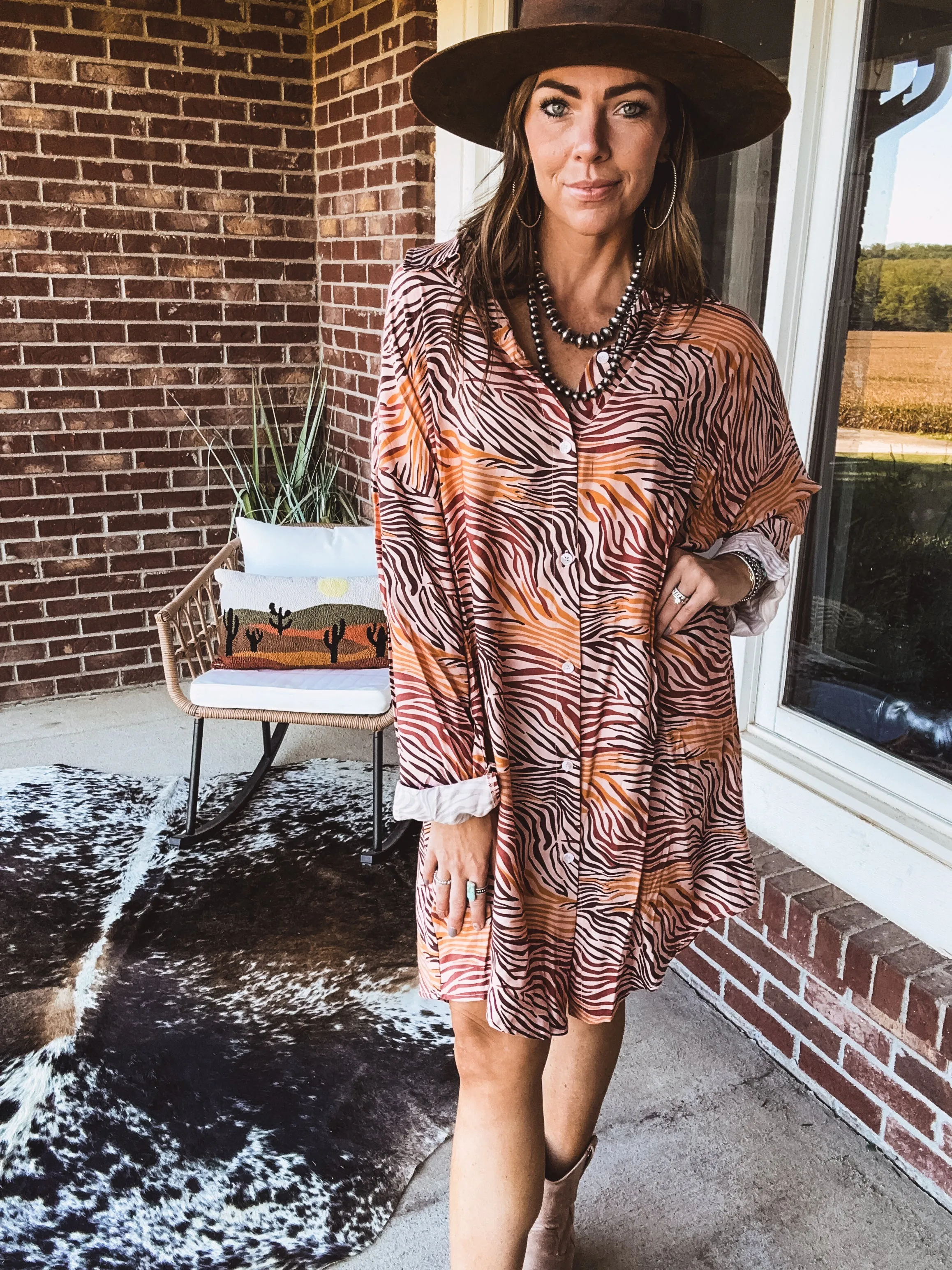 Orange Tan Animal Print Button Up Shirt Dress