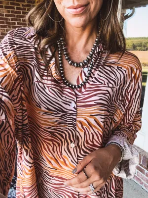 Orange Tan Animal Print Button Up Shirt Dress