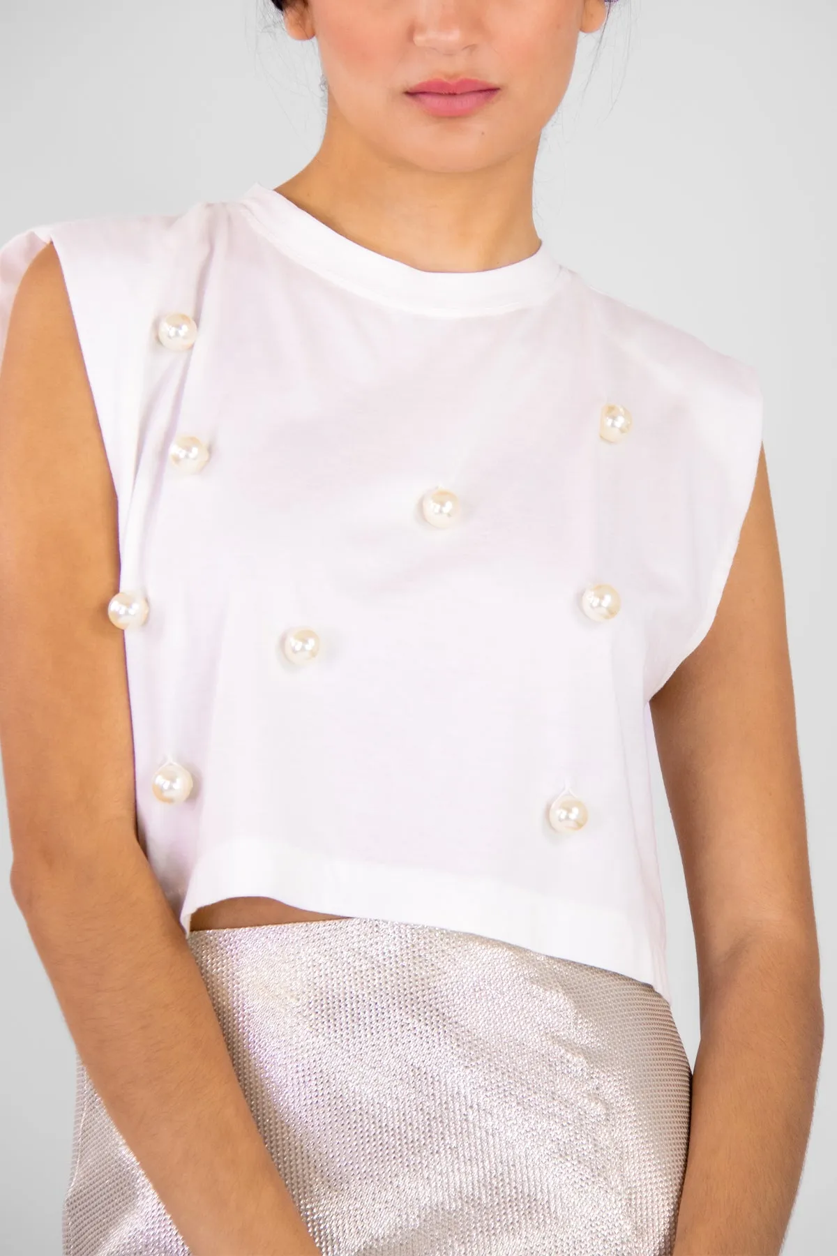 Organic Cotton Jersey Oversize Pearls T-Shirt in White