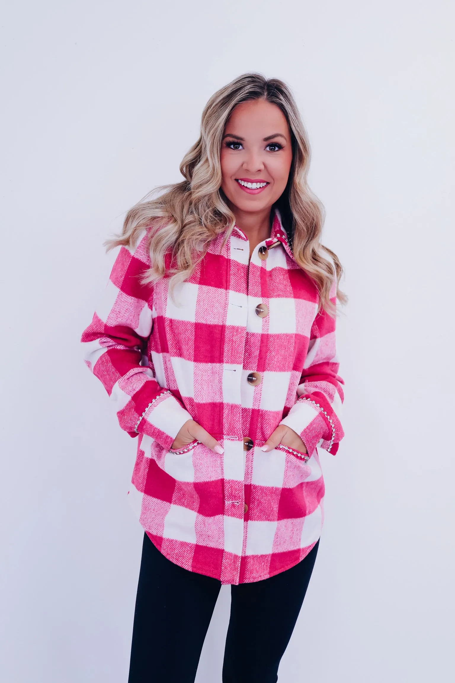 Paris Plaid Flannel Rhinestone Jacket - Pink