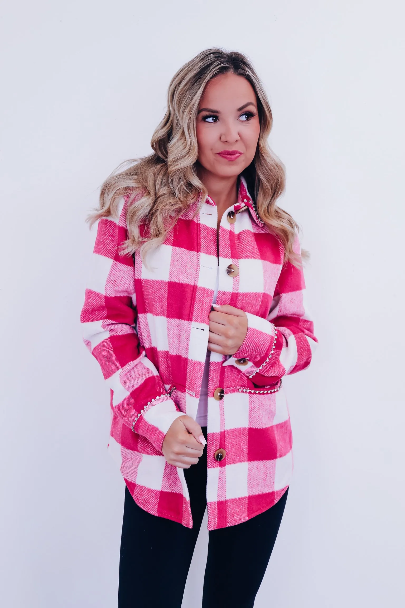 Paris Plaid Flannel Rhinestone Jacket - Pink