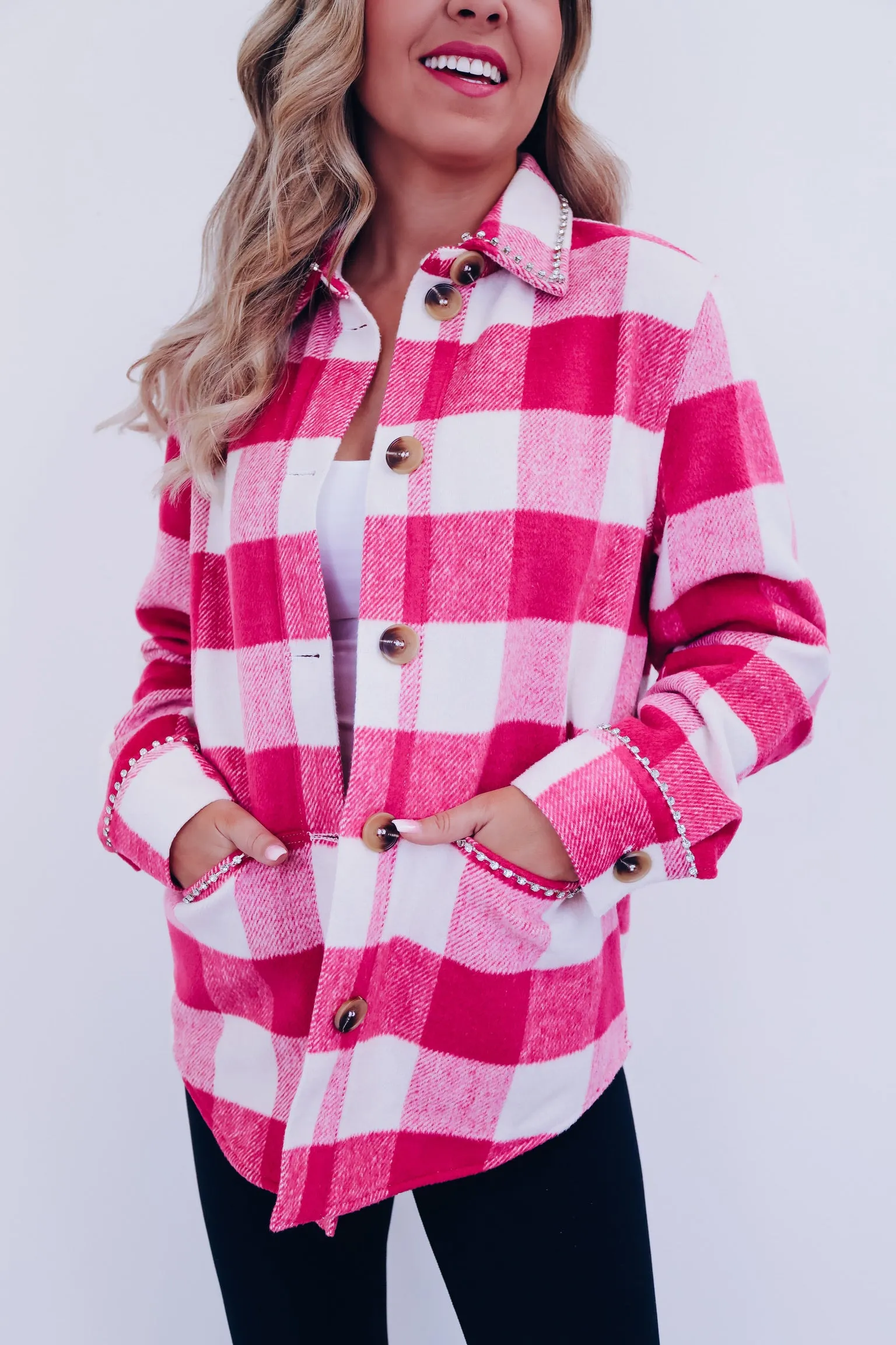 Paris Plaid Flannel Rhinestone Jacket - Pink