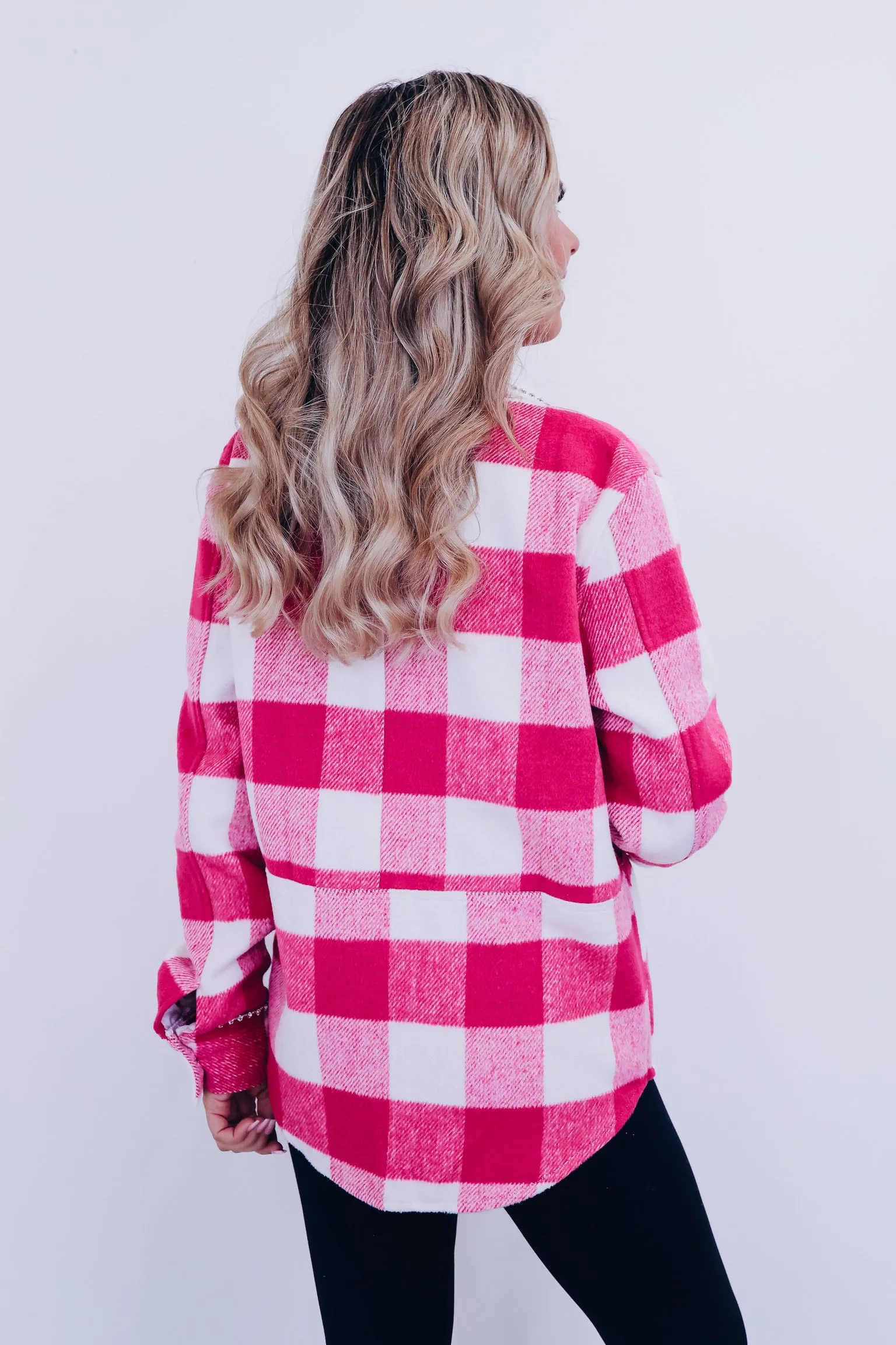 Paris Plaid Flannel Rhinestone Jacket - Pink