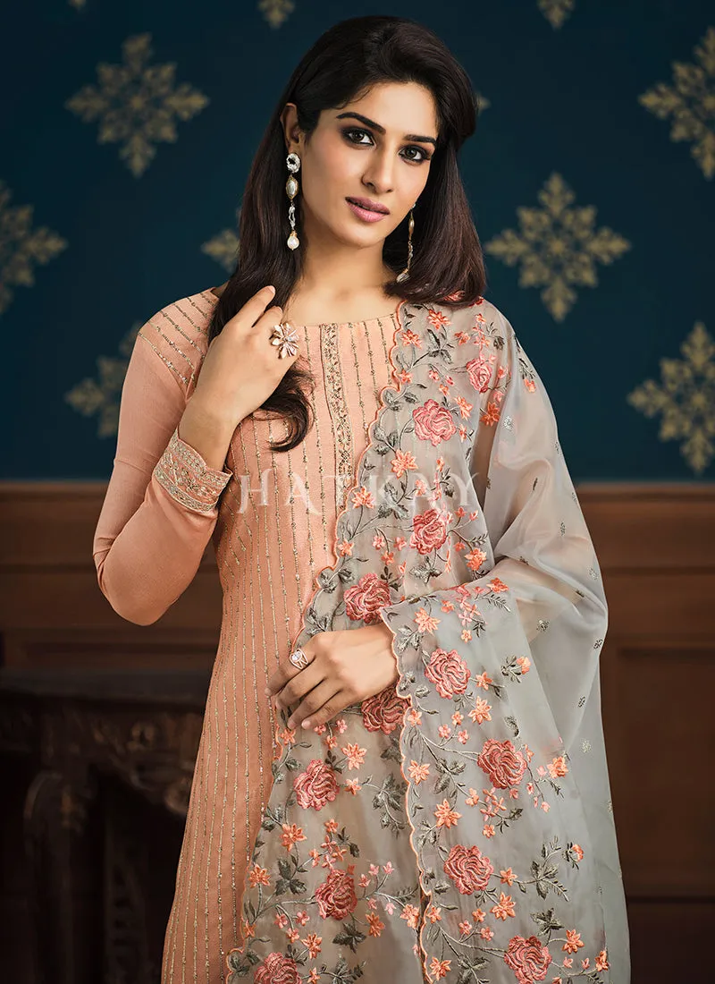 Peach And Grey Floral Embroidery Pakistani Pant Suit