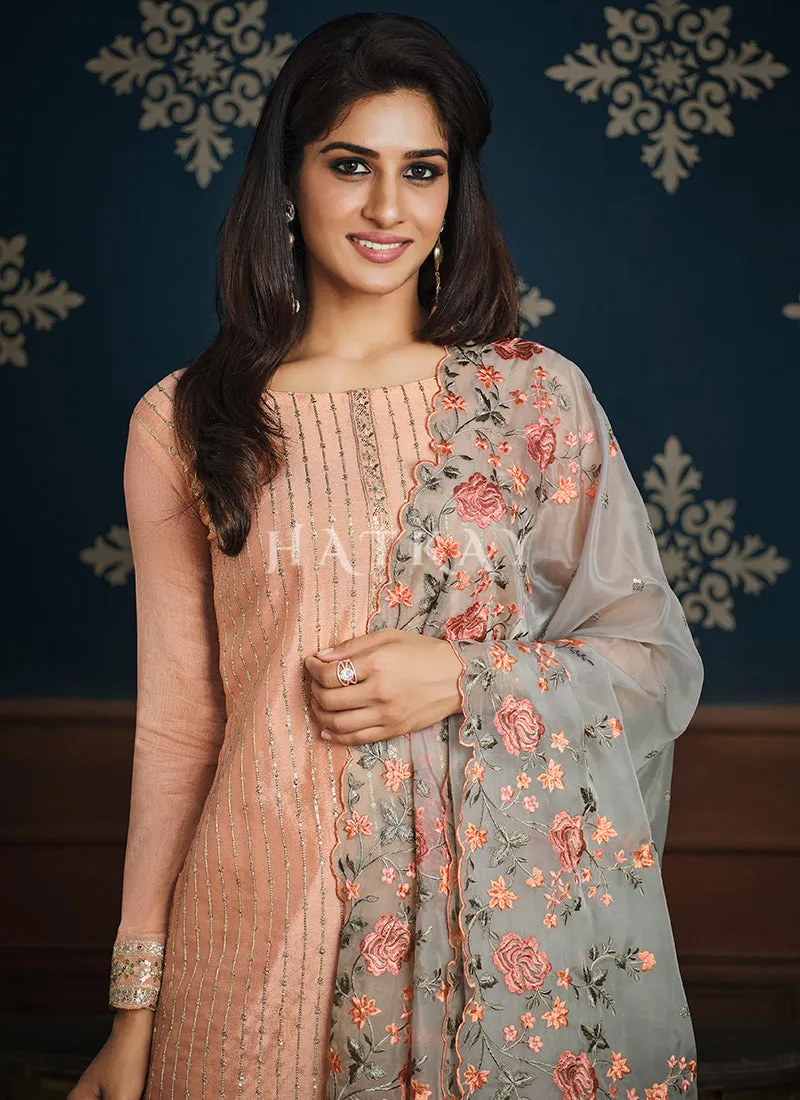Peach And Grey Floral Embroidery Pakistani Pant Suit