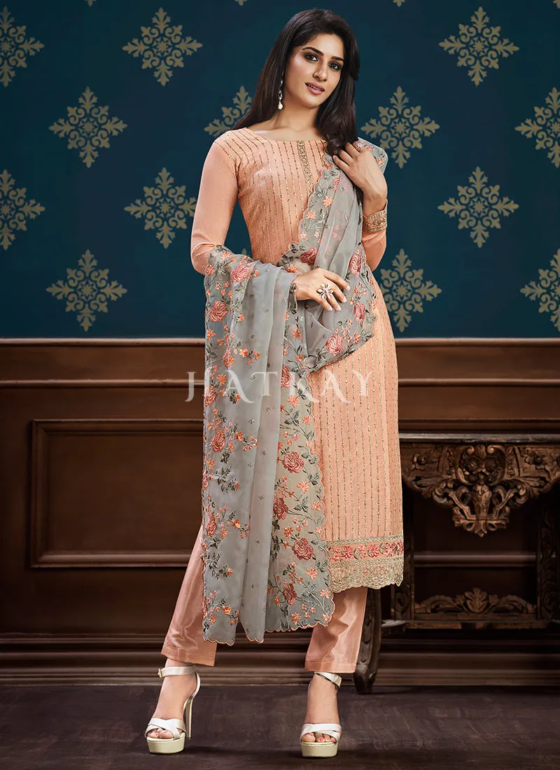 Peach And Grey Floral Embroidery Pakistani Pant Suit