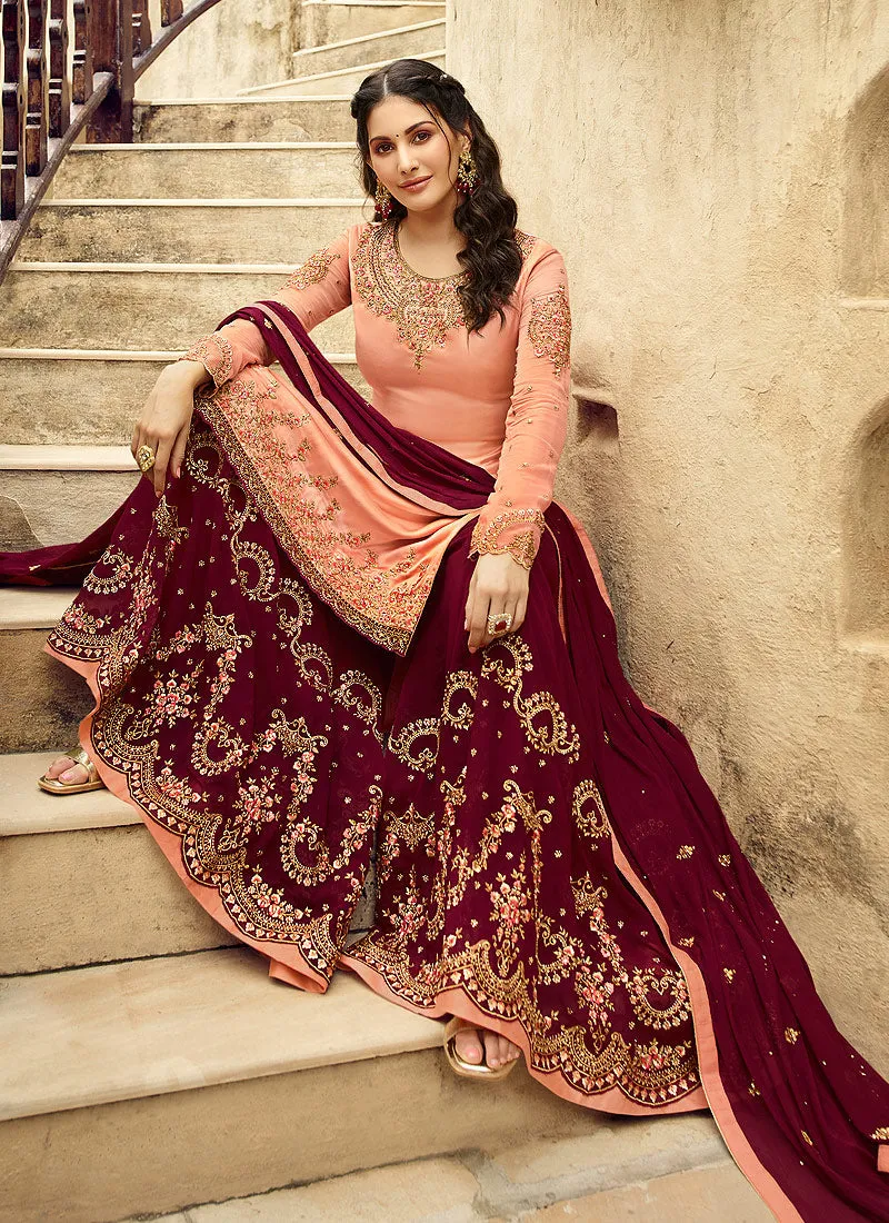 Peach And Maroon Embroidered Designer Sharara Suit