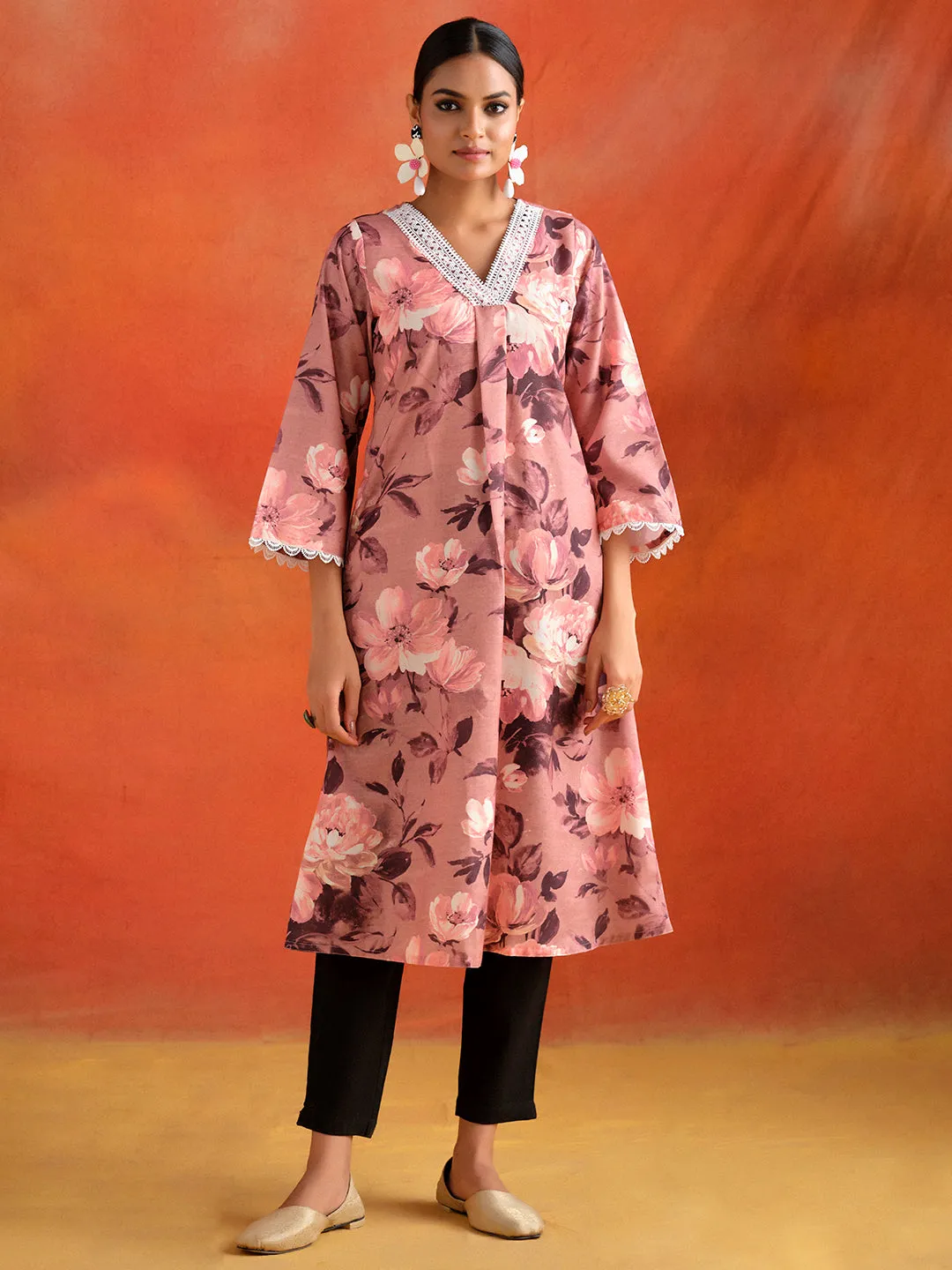 Peach Floral Printed A-line Kurta