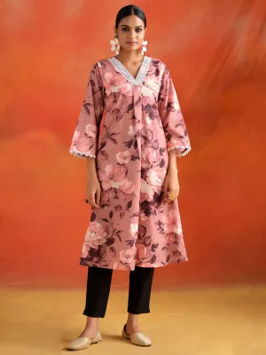 Peach Floral Printed A-line Kurta