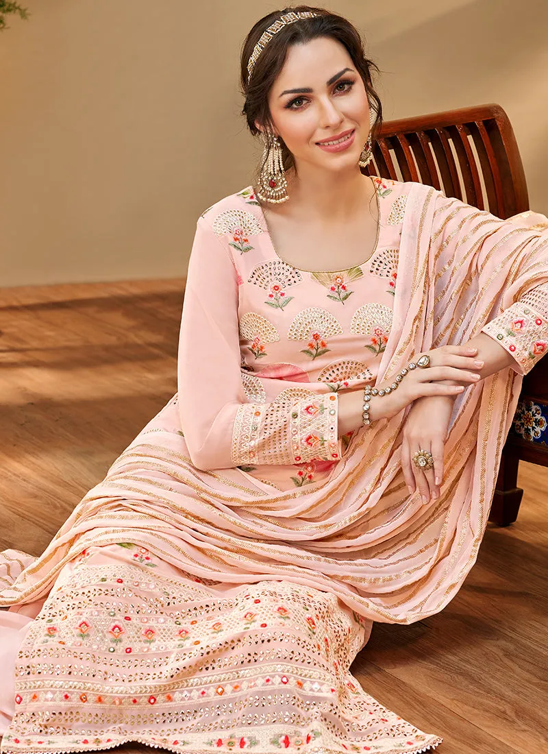 Peach Multi Floral Embroidery Palazzo Style Suit