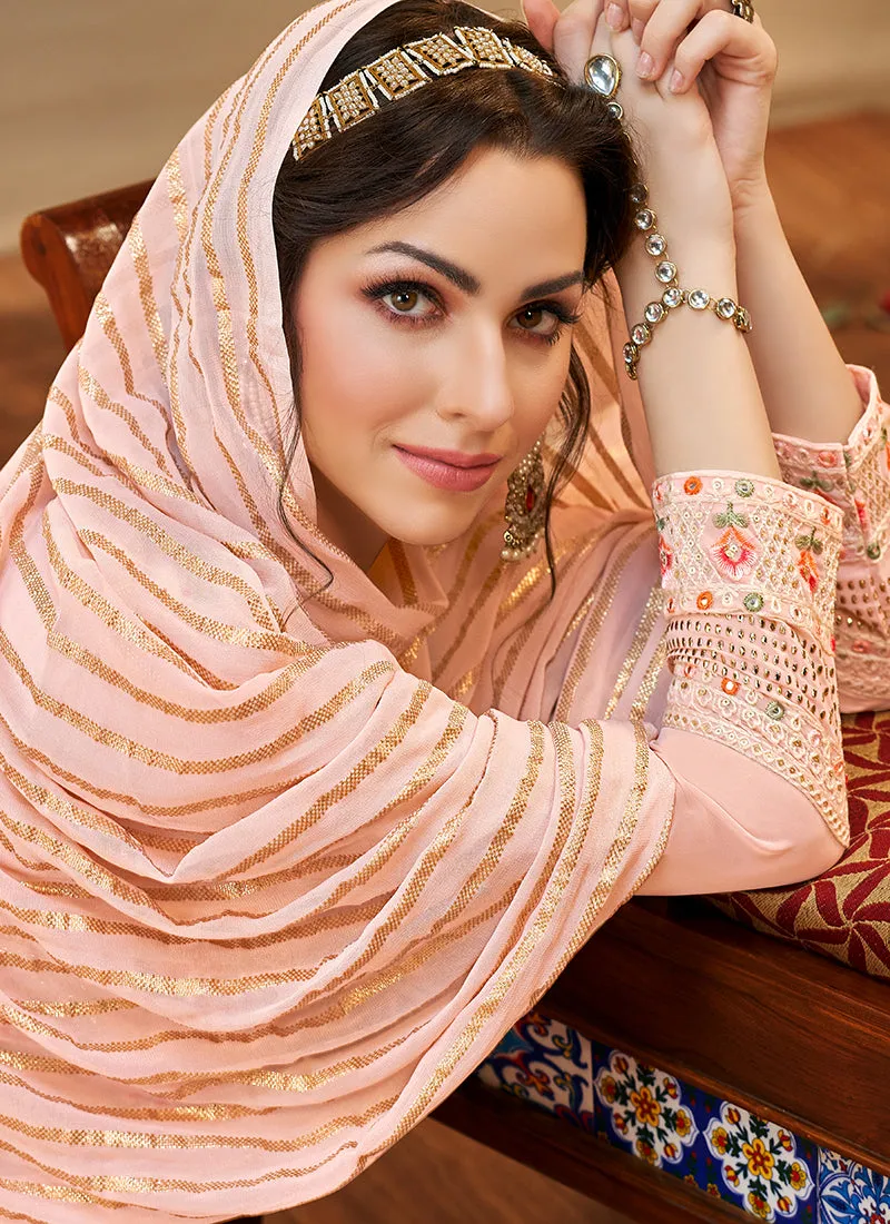 Peach Multi Floral Embroidery Palazzo Style Suit