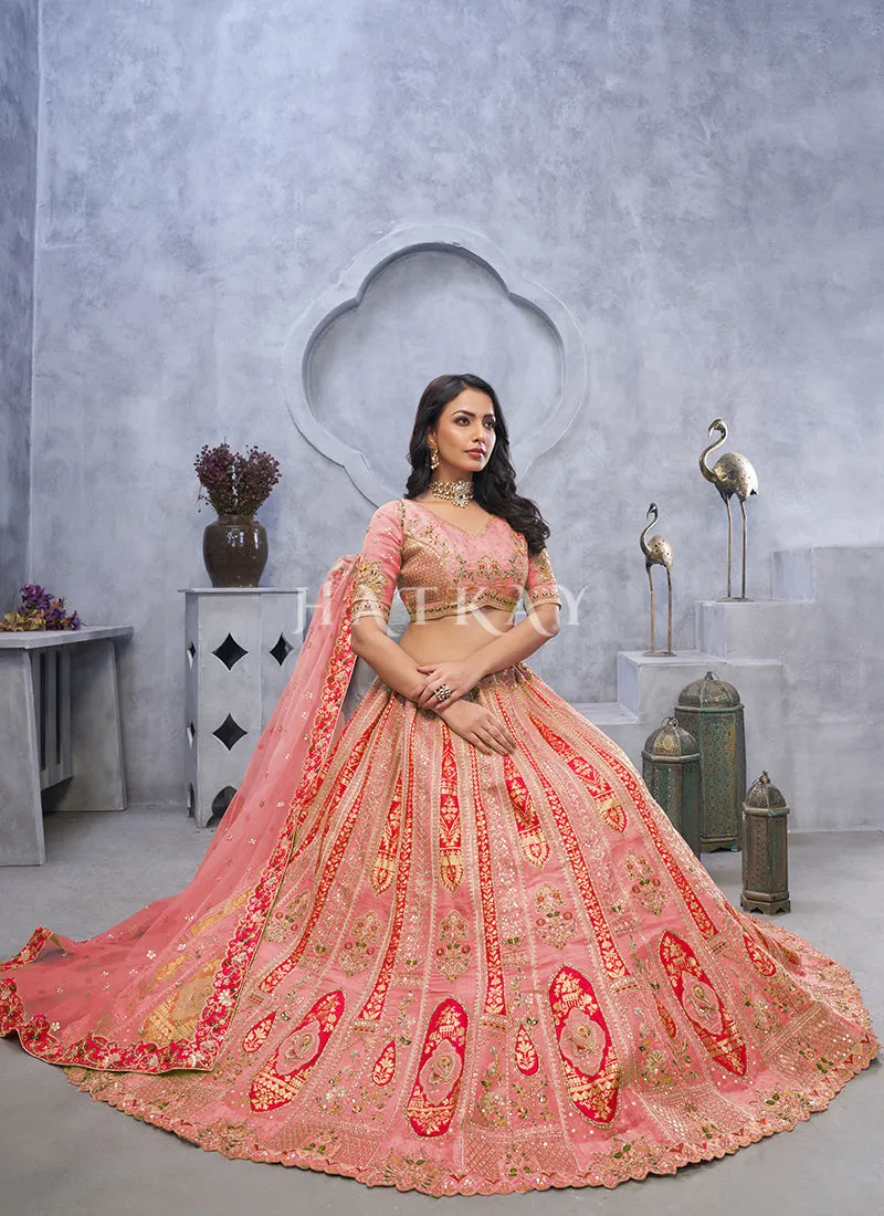 Peachish Pink Traditional Embroidery Wedding Lehenga Choli