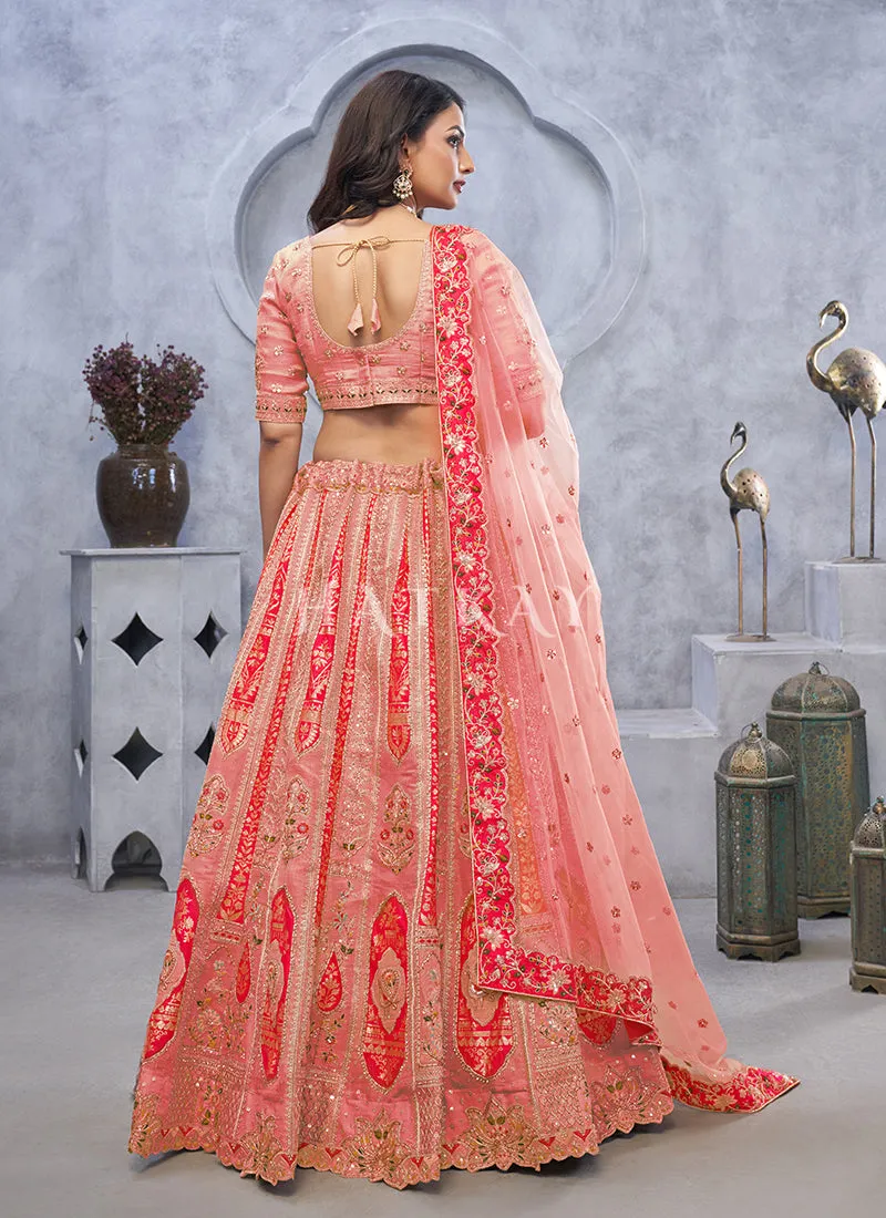 Peachish Pink Traditional Embroidery Wedding Lehenga Choli