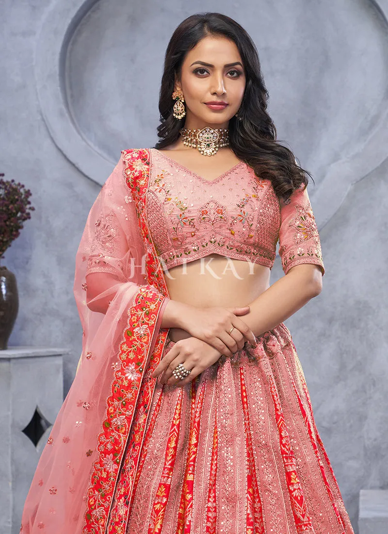 Peachish Pink Traditional Embroidery Wedding Lehenga Choli