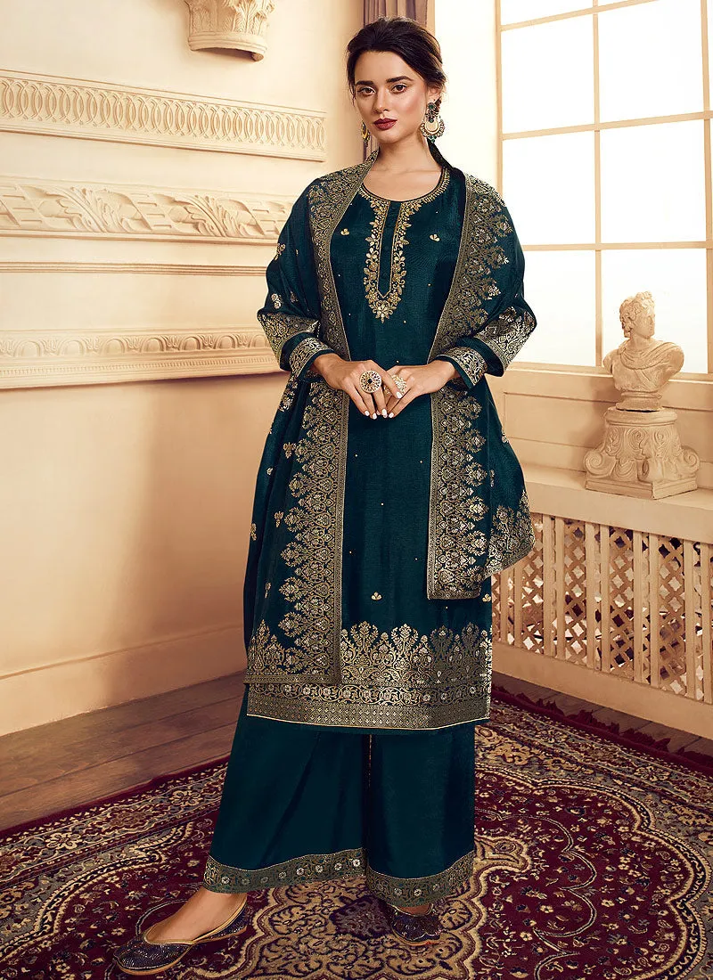 Peacock Blue Golden Embroidered Designer Palazzo Suit
