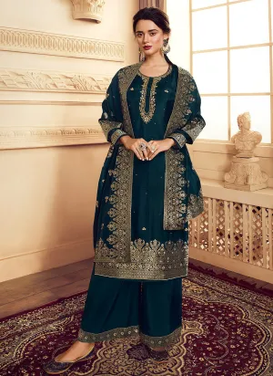 Peacock Blue Golden Embroidered Designer Palazzo Suit