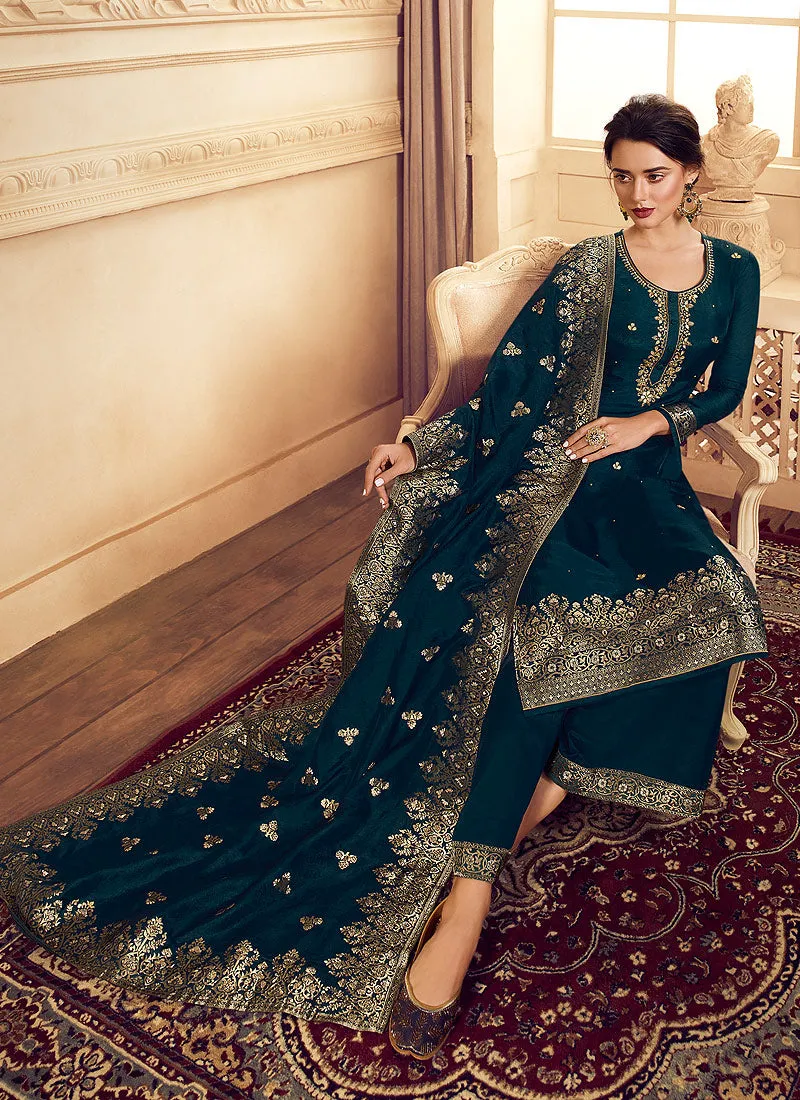 Peacock Blue Golden Embroidered Designer Palazzo Suit