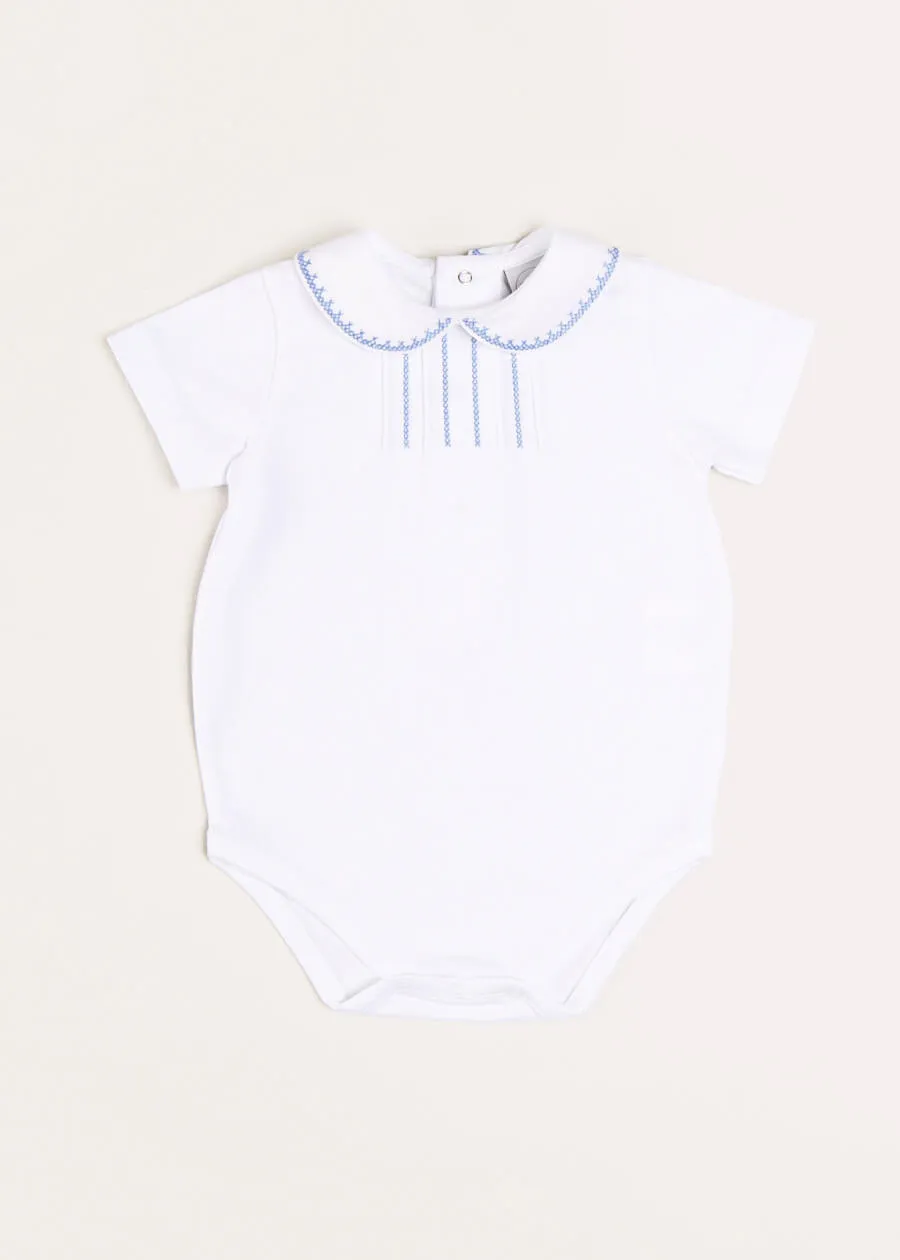 Peter Pan Collar Embroidered Detail Short Sleeve Bodysuit in Blue (3mths-3yrs)