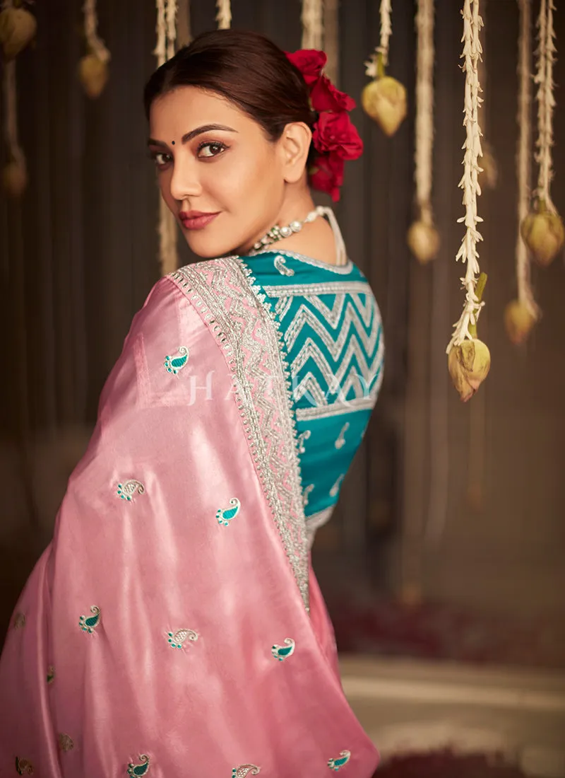 Pink And Blue Embroidered Organza Silk Saree
