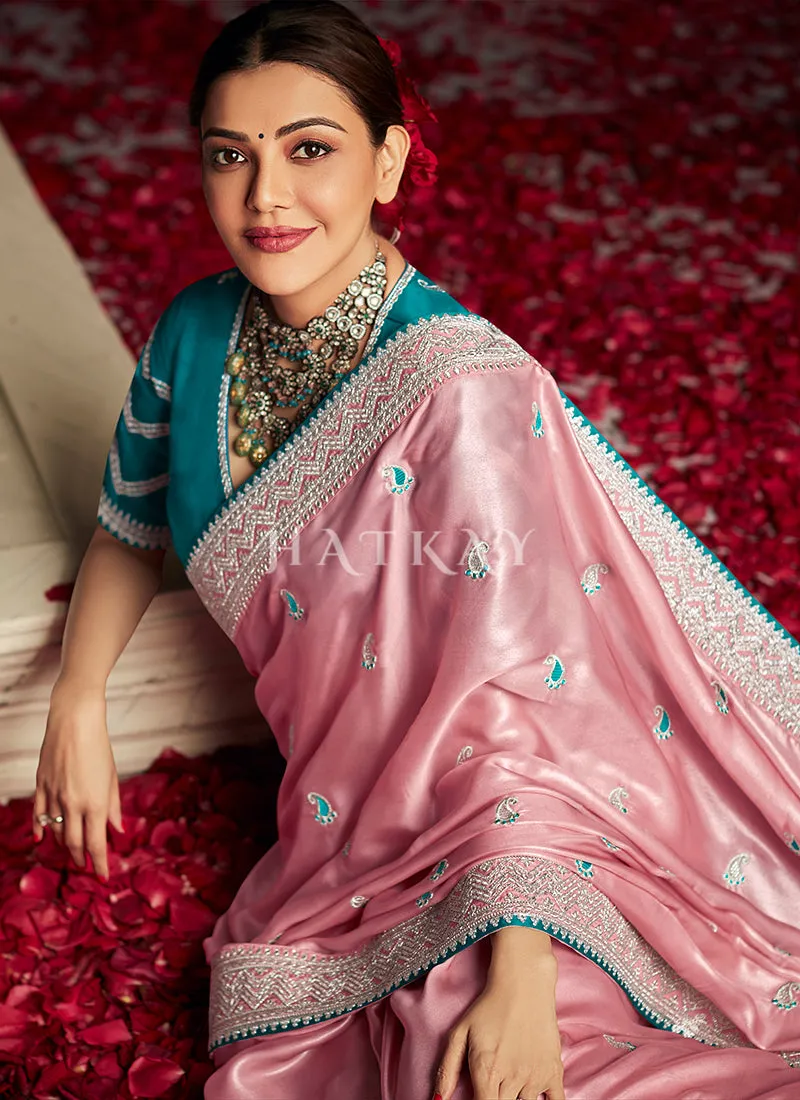 Pink And Blue Embroidered Organza Silk Saree